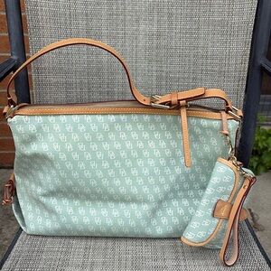 Vintage Dooney & Bourke Mint Green Jacquard Monogram Canvas Tote Shoulder Bag